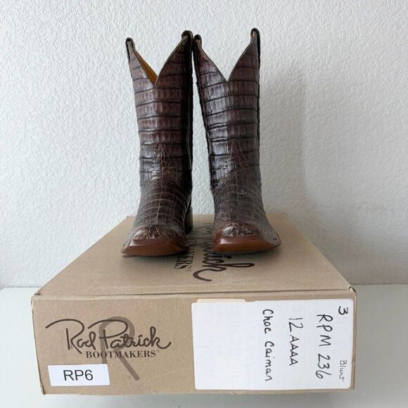 Rod Patrick Mens Cowboy Boots Sz 12 AAAA Brown Caiman Leather Western Blunt Toe - Picture 11 of 12